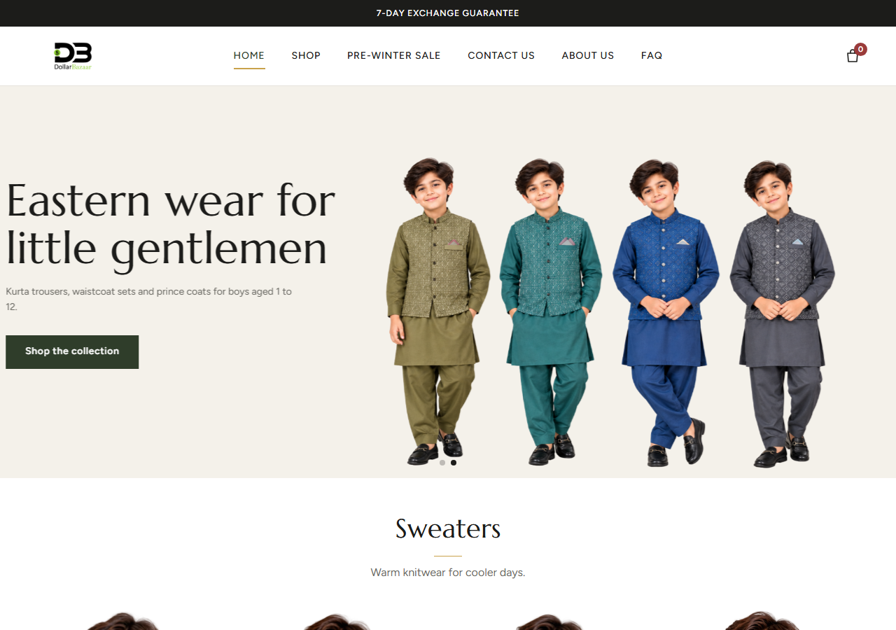 DollarBazaar.pk Shopify store home page selling eastern wear for boys